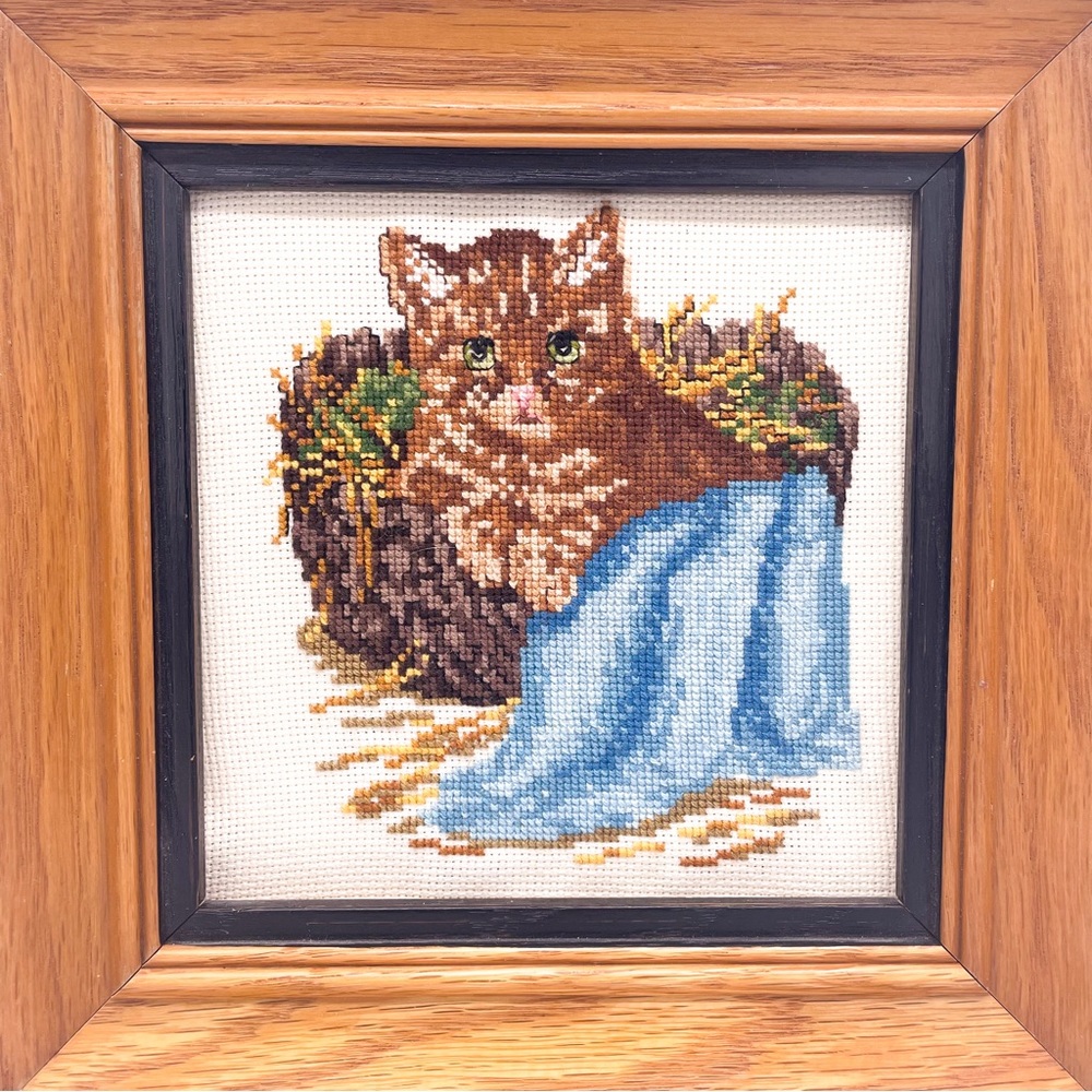 Cross Stitch Cat Kitten Framed Embroidery  Framed Art